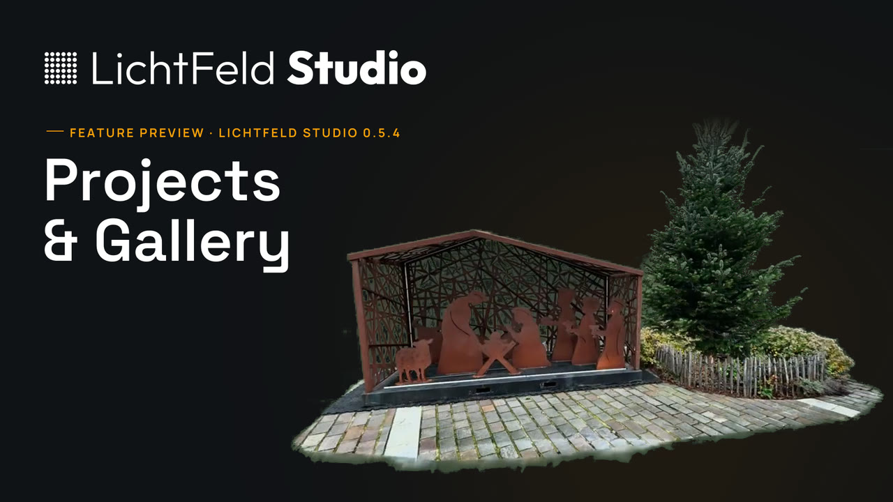 LichtFeld Studio 0.5.4 feature preview, Projects and Gallery, with the XMAS scene splat