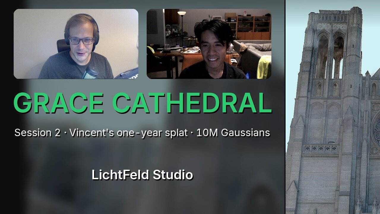 Janusch and Vincent Woo in the second LichtFeld Studio Session, next to the Grace Cathedral splat